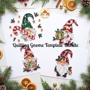 May include: A Quilling Gnome Template Bundle featuring four distinct paper quilled gnome designs on white paper. Each gnome is crafted with intricate paper coils in red, green, white, and gold, depicting holiday themes like candy canes and gifts.