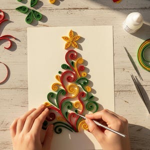 Könnte beinhalten: Hände gestalten einen Weihnachtsbaum mit Papierquilling. Der Baum besteht aus roten, grünen und gelben Papierstreifen mit einem gelben Stern oben. Weiteres Quilling-Papier und Werkzeuge liegen auf einer weißen Holzoberfläche.
