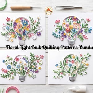 Bunt med quillingmönster för blommig glödlampa, 4 hantverksmallar (digital nedladdning)