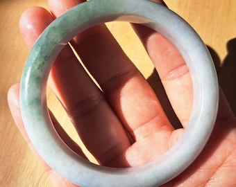 Jadeite Bangle Genuine Moss in Snow Burmese Type A Untreated Certified Handmade Authentic 61.8mm.62g.