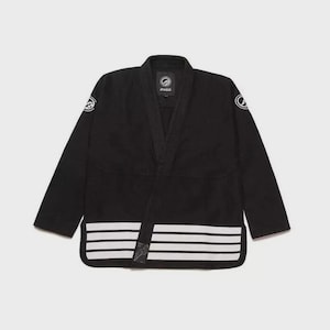 May include: Black martial arts uniform with white stripes and logos. The uniform features a wrap-around top and pants, designed for martial arts training and competition. The uniform has a minimalist design with a focus on functionality and durability.
