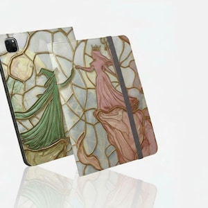 May include: Two phone cases with a stained-glass design. One case features a figure in a green robe, the other a pink-robed figure with a crown. Both cases have a white and gold geometric background.