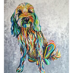 May include: A colorful painting of a dog with long, wavy fur. The dog is depicted in a seated position, with its body and fur painted in a vibrant array of colors, including blue, green, yellow, orange, and red. The background is a textured gray.
