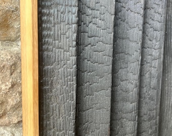 May include: A vertical wall panel featuring several parallel planks of charred black wood with a deeply textured, crackled surface, framed on the left side by a smooth, light-coloured natural wood border with a visible grain pattern.