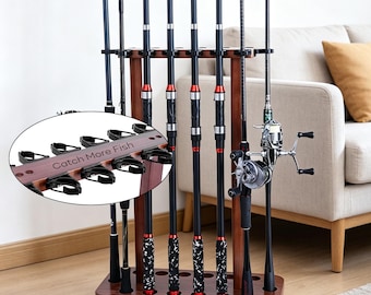 Personalized Solid Wood 8/14 Rod Floor Fishing Rod Holder, Fishing Rod Storage Organizer, Rustic Fishing Decor Gift
