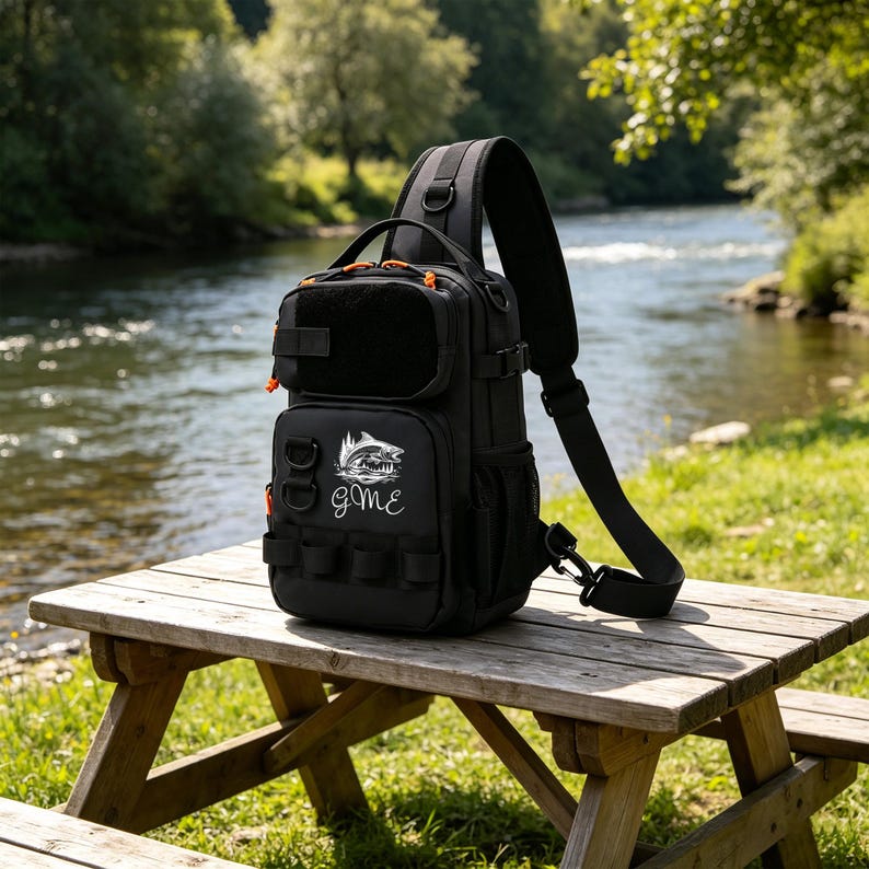May include: Black sling bag with orange accents, resting on a wooden picnic table. The bag features a front pocket with a hook-and-loop patch, multiple attachment points, and a graphic of a fish jumping out of water with the word "gme".