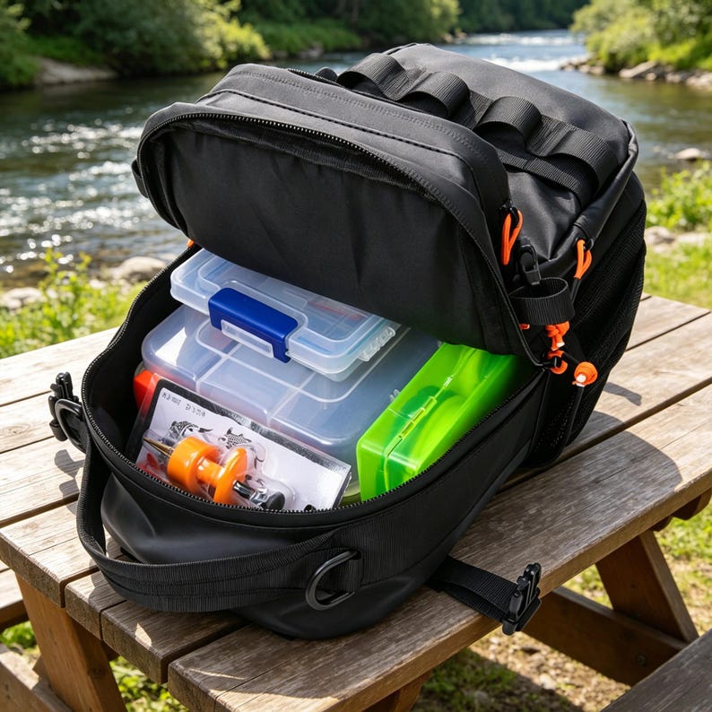 May include: Black fishing backpack with multiple compartments, open to reveal clear plastic tackle boxes with blue and green accents, and orange fishing accessories. The backpack is on a wooden picnic table near a river.