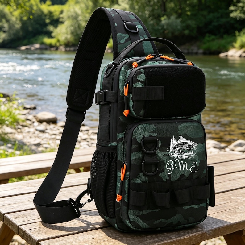 May include: A black and green camouflage sling bag with orange accents. The bag features multiple compartments, a shoulder strap, and a fishing-themed logo with the initials "gMe". The bag is designed for outdoor activities.