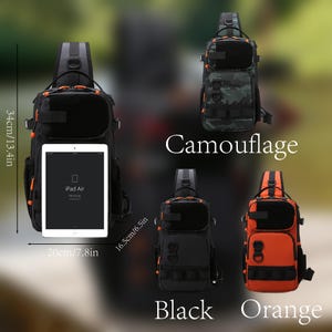 May include: Black, orange, and camouflage sling bags are displayed, with an iPad Air mockup. The bags are approximately 13.4 inches tall, 7.8 inches wide, and 6.5 inches deep. The image includes the text "Camouflage", "Black", and "Orange".