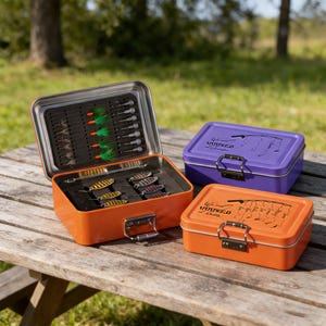 Może przedstawiać: Otwarta pomarańczowa metalowa skrzynka wędkarska z przynętami, obok dwóch zamkniętych pudełek, jednego fioletowego i jednego pomarańczowego. Otwarte pudełko ma czarne wnętrze z różnymi przynętami. Zamknięte pudełka mają napis "We're Hooked" i grafikę wędki.