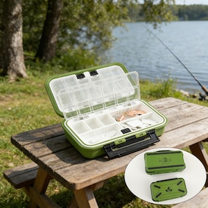 Può includere: Una scatola da pesca verde aperta, che rivela scomparti trasparenti e esche da pesca. La scatola è su un tavolo da picnic di legno vicino a un lago. È visibile anche una scatola da pesca più piccola e abbinata.