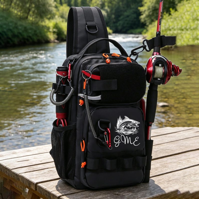 May include: Black fishing backpack with orange accents, a fishing rod, and a reel. The backpack has multiple compartments, a shoulder strap, and a graphic of a fish jumping out of the water with the initials "gme". The backpack is on a wooden surface.