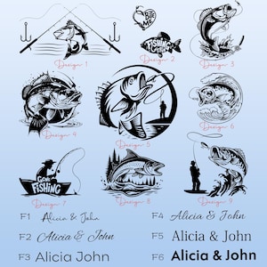 May include: A collection of black and white fishing-themed designs. The image includes illustrations of fish, fishing rods, and anglers. Text includes "Gone Fishing", "Fishing is Fun", and names like "Alicia & John".
