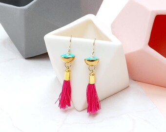 Hot Pink Tassel and Brass drop earrings