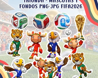 MUNDIAL 26 Clipart Bundle PNG JPG | Mascotas Futboleras | Fondos Mundial 2026 | Soccer Digital Papers | Cake Topper Sublimación Cricut Canva