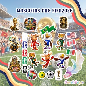 Puede incluir: Colección de imágenes PNG coloridas con mascotas de fútbol, el trofeo de la Copa Mundial de la FIFA, balones de fútbol y banderas. El texto "MASCOTAS PNG FIFA2026" se muestra en la parte superior. Fondo de estadio de fútbol.