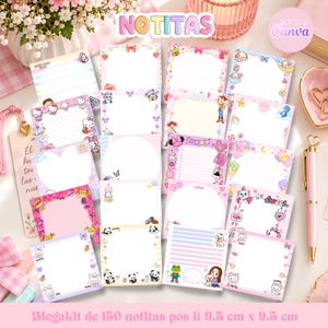 May include: A collection of square sticky notes featuring various pastel-colored designs, cartoon characters, and decorative borders. The set includes 150 pieces, each measuring 9.5 inches by 9.5 inches, with text labels like NOTITAS.