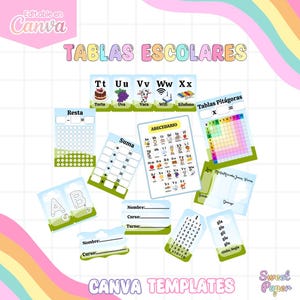 Puede incluir: Un conjunto de imprimibles educativos coloridos con texto en español, que incluyen tablas de multiplicar, una tabla del alfabeto y hojas de trabajo de suma y resta. La imagen también presenta el texto "Editable en Canva" y "CANVA TEMPLATES".