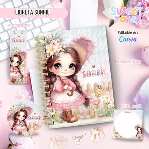 Puede incluir: Un conjunto de papelería con un cuaderno de espiral, un marcapáginas, una pegatina y un bloc de notas. El cuaderno presenta una ilustración de una niña de dibujos animados. Incluye el texto "LIBRETA SONRIE", "SWEET PAPER" y "Editable en Canva".