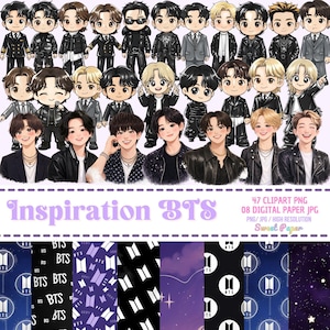May include: A digital collection featuring 47 chibi-style character illustrations of the music group BTS in various outfits, alongside 8 digital papers with BTS logos, text, and starry patterns. The text reads Inspiration BTS, 47 CLIPART PNG, 08 DIGITAL PAPER JPG.