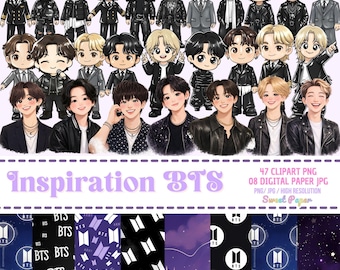May include: A digital collection featuring 47 chibi-style character illustrations of the music group BTS in various outfits, alongside 8 digital papers with BTS logos, text, and starry patterns. The text reads Inspiration BTS, 47 CLIPART PNG, 08 DIGITAL PAPER JPG.