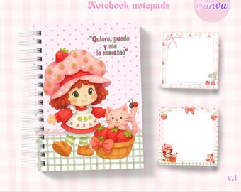 Cute Strawberry Notebook|Editable Canva Planner Template|Kawaii Strawberry Notepad|Editable Canva Notebook Template|Kawaii Printable Planner