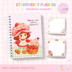 Puede incluir: Un cuaderno de espiral y dos blocs de notas cuadrados con un personaje de dibujos animados de pelo castaño con sombrero de fresa, un gato rosa y una cesta de fresas. El texto dice "STRAWBERRY PLANNER", "Notebook-notepads" y "Wanna, I can and me, I deserve it."