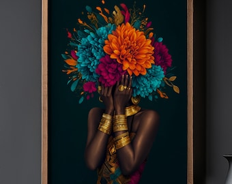 Puede incluir: Una impresión de arte mural enmarcada que muestra una figura de piel oscura con las manos cubriendo su rostro, adornada con un gran y vibrante arreglo floral de flores naranjas, turquesas y magenta, con múltiples brazaletes y un anillo de oro.