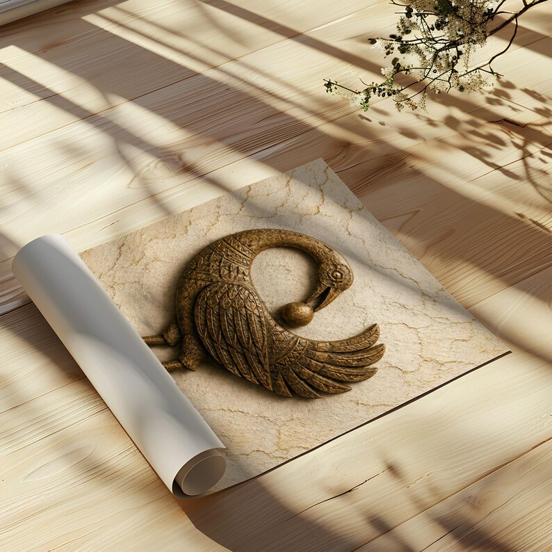 a decorative bronze sculpture of a swan resting on a wooden surface.