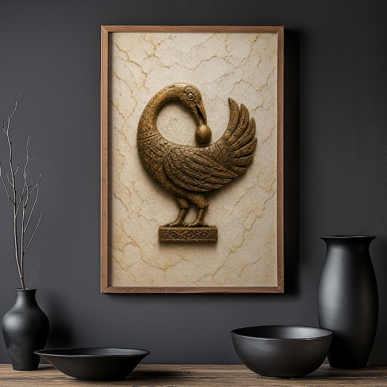 a framed picture of a decorative bird, possibly a rooster, mounted on a wall above a wooden table with various black bowls and vases.