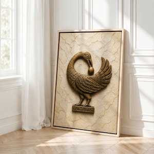 a large, ornate gold bird sculpture mounted on a wall, with a white curtain in the background.