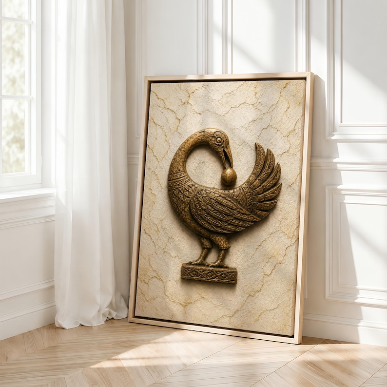 a large, ornate gold bird sculpture mounted on a wall, with a white curtain in the background.