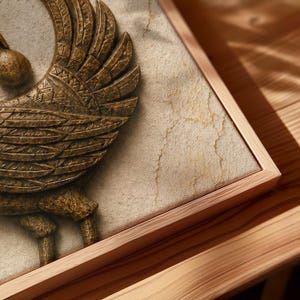 a close-up view of a decorative metal sculpture with intricate patterns and designs, displayed in a wooden frame.