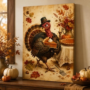 May include: A rectangular canvas print featuring a turkey wearing a black top hat and holding a slice of pumpkin pie with whipped cream. The scene includes autumn leaves, a table with a lace cloth, a pumpkin, and a silver fork on the floor.