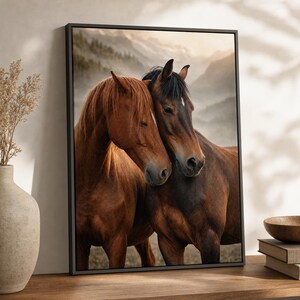 May include: A framed wall art print featuring two horses standing close together with their heads touching. One horse is a light chestnut brown, and the other is a darker brown with a black mane. The background shows a misty mountain landscape.