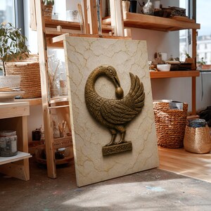 a large, ornate bird sculpture prominently displayed in a room with various art supplies and materials.
