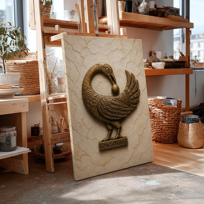 a large, ornate bird sculpture prominently displayed in a room with various art supplies and materials.