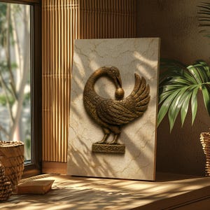 a decorative wall hanging of a bird, possibly a rooster, with a marble base, placed on a wooden surface near a window with bamboo blinds.
