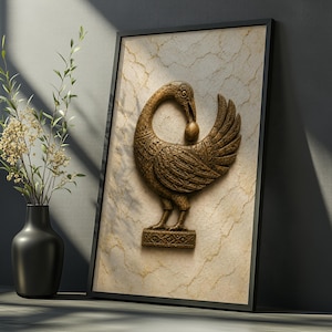a framed picture of a decorative bird, possibly a swan or goose, with a vase of flowers on a table next to it.