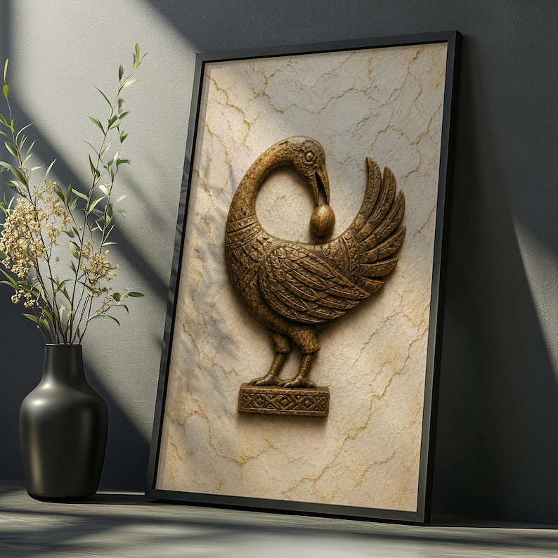a framed picture of a decorative bird, possibly a swan or goose, with a vase of flowers on a table next to it.