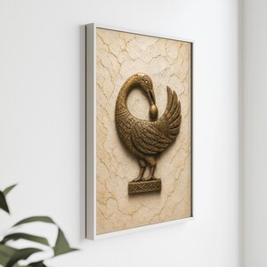 a framed picture of a decorative bird, possibly a rooster, mounted on a wall.