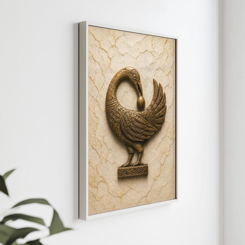 a framed picture of a decorative bird, possibly a rooster, mounted on a wall.