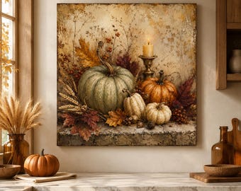 May include: A square wall art print featuring a still life of pumpkins, dried leaves, wheat stalks, and a lit candle in a metal holder. The color palette includes muted greens, warm oranges, deep browns, and cream tones on a textured background.