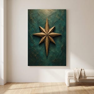May include: A vertical rectangular wall art piece featuring a three-dimensional, eight-pointed bronze star centred on a dark, textured teal background. The star has a metallic finish with sharp, geometric facets and a weathered, rustic appearance.