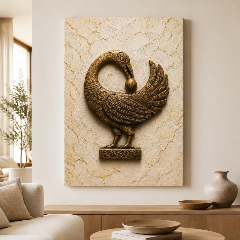 a large, ornate gold sculpture of a bird, which appears to be a decorative piece hanging on a wall.