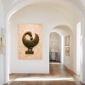 a spacious and well-lit hallway with a wooden floor and white walls. The hallway features arched doorways and a large painting of a bird on the wall. There are also several framed artworks and decorative items displayed throughout the hallway, creating a visually appealing and artistic atmosphere.