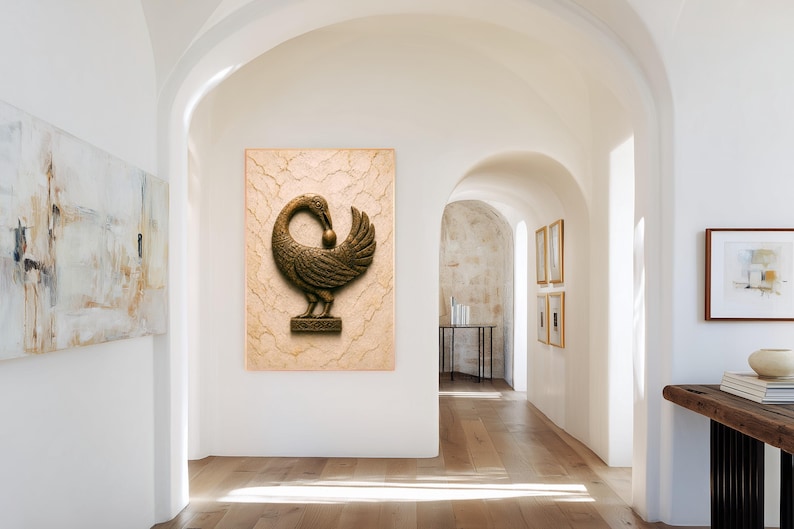 a spacious and well-lit hallway with a wooden floor and white walls. The hallway features arched doorways and a large painting of a bird on the wall. There are also several framed artworks and decorative items displayed throughout the hallway, creating a visually appealing and artistic atmosphere.