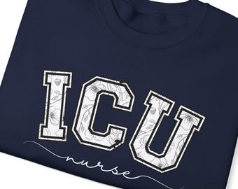 ICU Krankenschwester Sweatshirt | Floral Lineart Varsity Schriftzug, Collegiate Stil
