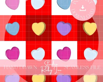 Rot Gingham Karo Candy + Herzen Nahtloses digitales Muster für den kommerziellen Gebrauch