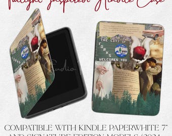 Twilight inspiriert Collage Kindle Hülle | Stadt der Gabeln, Wald, Apfel, Vintage-Roman